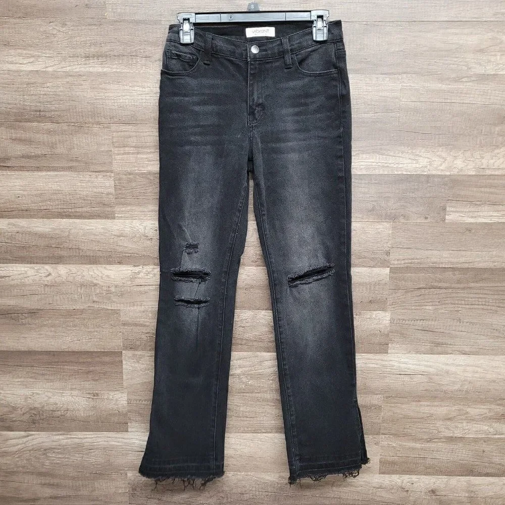 Vibrant Miu Split Leg Vintage Black Bootcut‎ Ripped Jeans Womens Raw Hem 3 / 25